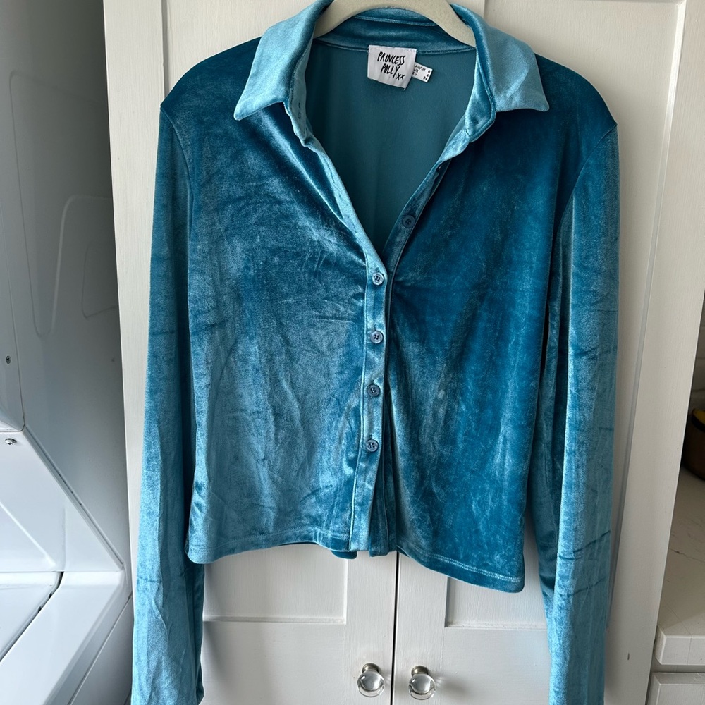 Princess Polly Velvet Button-Up Shirt - Teal